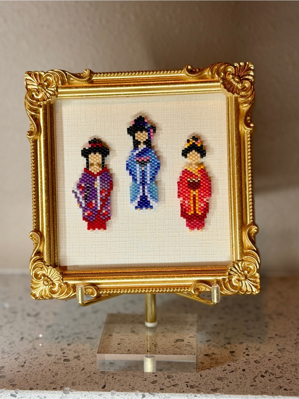 Framed Kimono Girls Miniature Art • Handmade Seed Bead Decor - Picture 7 of 7